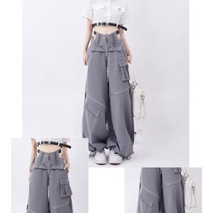 Gray Drawstring Zipper Cargo Pants - Y2K Fashion Trend