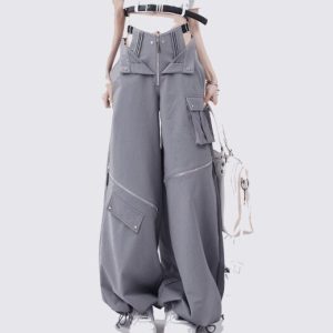 Gray Drawstring Zipper Cargo Pants - Y2K Fashion Trend