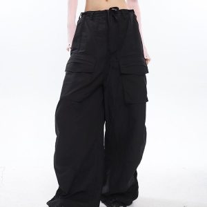 Gray/Black Drawstring Wide Leg Cargo Pants - Y2K Fashion