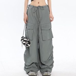 Gray/Black Drawstring Wide Leg Cargo Pants - Y2K Fashion