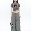 Gray/Black Drawstring Wide Leg Cargo Pants - Y2K Fashion