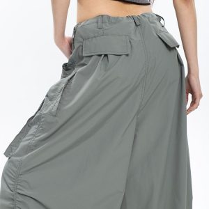 Gray/Black Drawstring Wide Leg Cargo Pants - Y2K Fashion