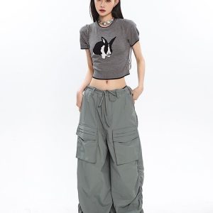 Gray/Black Drawstring Wide Leg Cargo Pants - Y2K Fashion