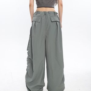 Gray/Black Drawstring Wide Leg Cargo Pants - Y2K Fashion