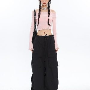 Gray/Black Drawstring Wide Leg Cargo Pants - Y2K Fashion