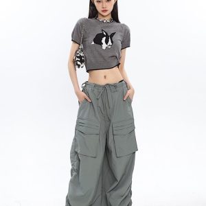 Gray/Black Drawstring Wide Leg Cargo Pants - Y2K Fashion