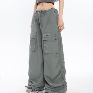 Gray/Black Drawstring Wide Leg Cargo Pants - Y2K Fashion