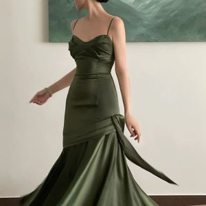 Green Satin Slip Prom Dress - Y2K Clothing