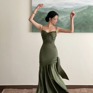 Green Satin Slip Prom Dress - Y2K Clothing