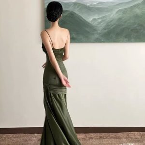 Green Satin Slip Prom Dress - Y2K Clothing