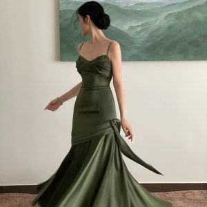 Green Satin Slip Prom Dress - Y2K Clothing