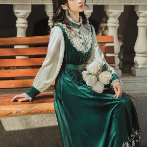 Green Velvet Prairie Dress - Y2K Clothing