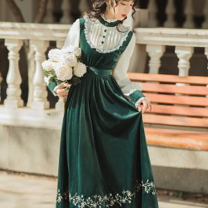 Green Velvet Prairie Dress - Y2K Clothing