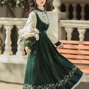 Green Velvet Prairie Dress - Y2K Clothing