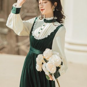 Green Velvet Prairie Dress - Y2K Clothing