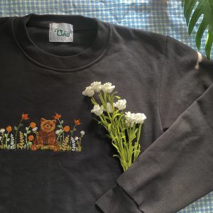 Hand Embroidered Bear and Flower Garden Sweater