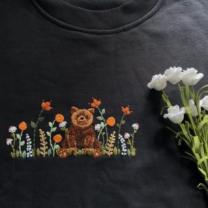 Hand Embroidered Bear and Flower Garden Sweater