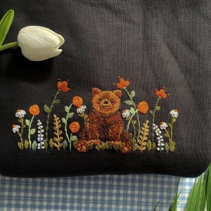 Hand Embroidered Bear and Flower Garden Sweater