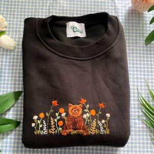 Hand Embroidered Bear and Flower Garden Sweater