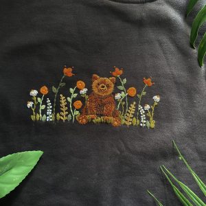 Hand Embroidered Bear and Flower Garden Sweater