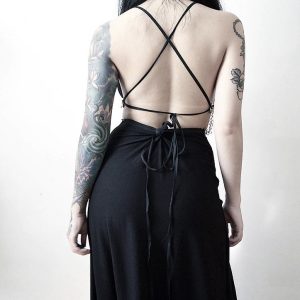 Handmade Gothic Chain Black Backless Thigh Slit Maxi Dress