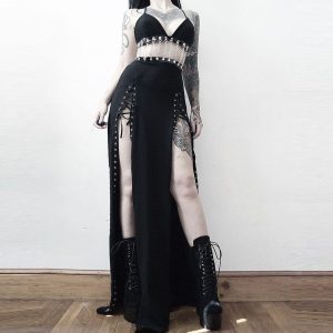 Handmade Gothic Chain Black Backless Thigh Slit Maxi Dress