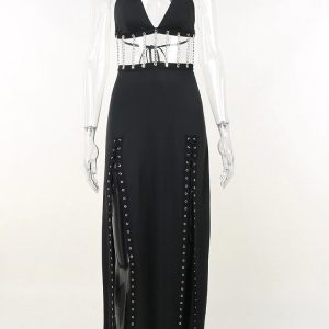 Handmade Gothic Chain Black Backless Thigh Slit Maxi Dress