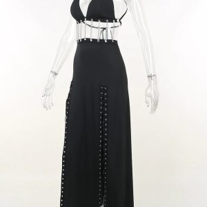 Handmade Gothic Chain Black Backless Thigh Slit Maxi Dress