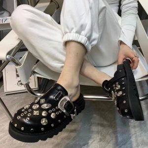 Handmade Rivet Black Shine Vegan Leather Slippers