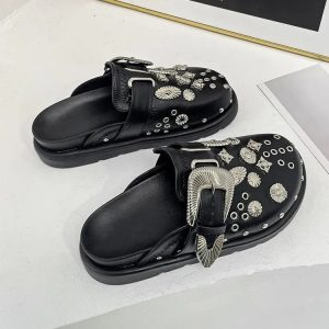 Handmade Rivet Black Shine Vegan Leather Slippers