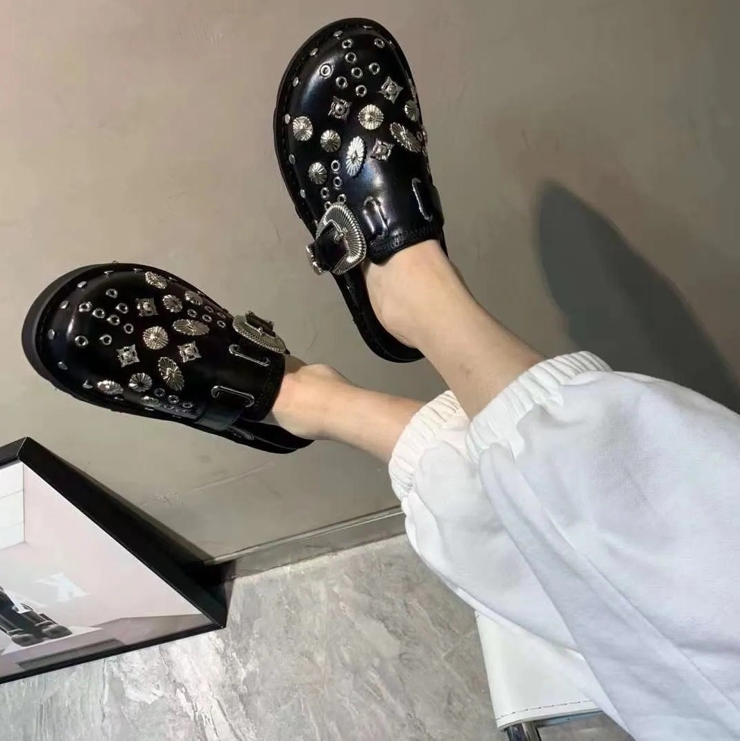 Handmade Rivet Black Shine Vegan Leather Slippers