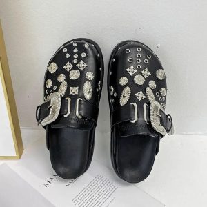 Handmade Rivet Black Shine Vegan Leather Slippers