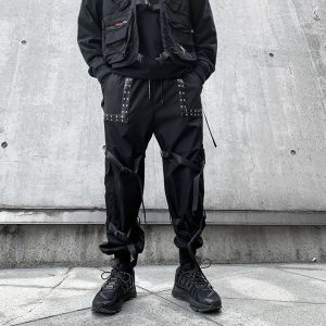 Handmade Woven Rivet Patchwork Gothic Cargo Pants