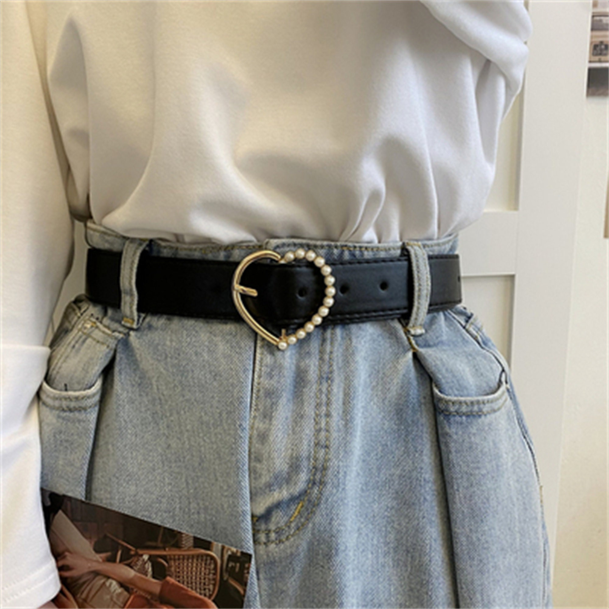 Heart Shaped Pearl Buckle Belt for Women