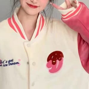 Hello Kitty Embroidery Pink Y2K Baseball Jacket