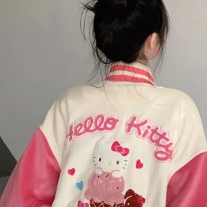 Hello Kitty Embroidery Pink Y2K Baseball Jacket