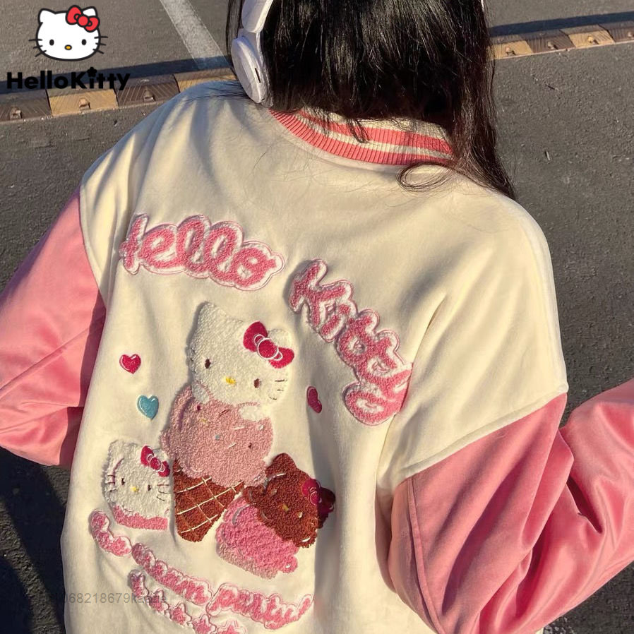 Hello Kitty Embroidery Pink Y2K Baseball Jacket