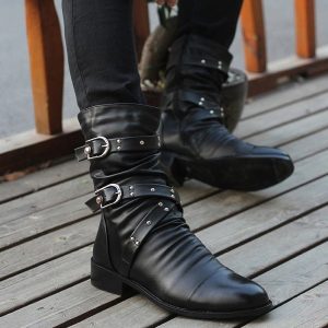 High Quality Vegan Leather Pointed Toe Studded Boots (41)