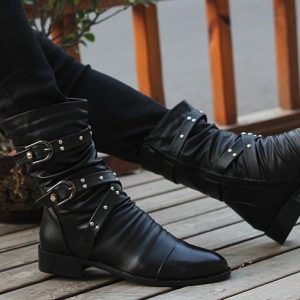 High Quality Vegan Leather Pointed Toe Studded Boots (41)