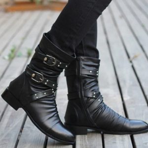 High Quality Vegan Leather Pointed Toe Studded Boots (41)