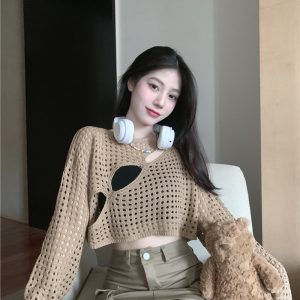 Hollow Out Crochet Sweater Crop Top - Y2K Aesthetic