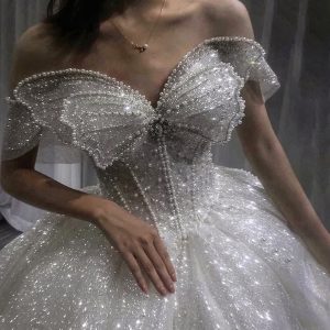 Ivory Butterfly Beads Sparkle Glitter Elegant Dress - Y2K Clothing