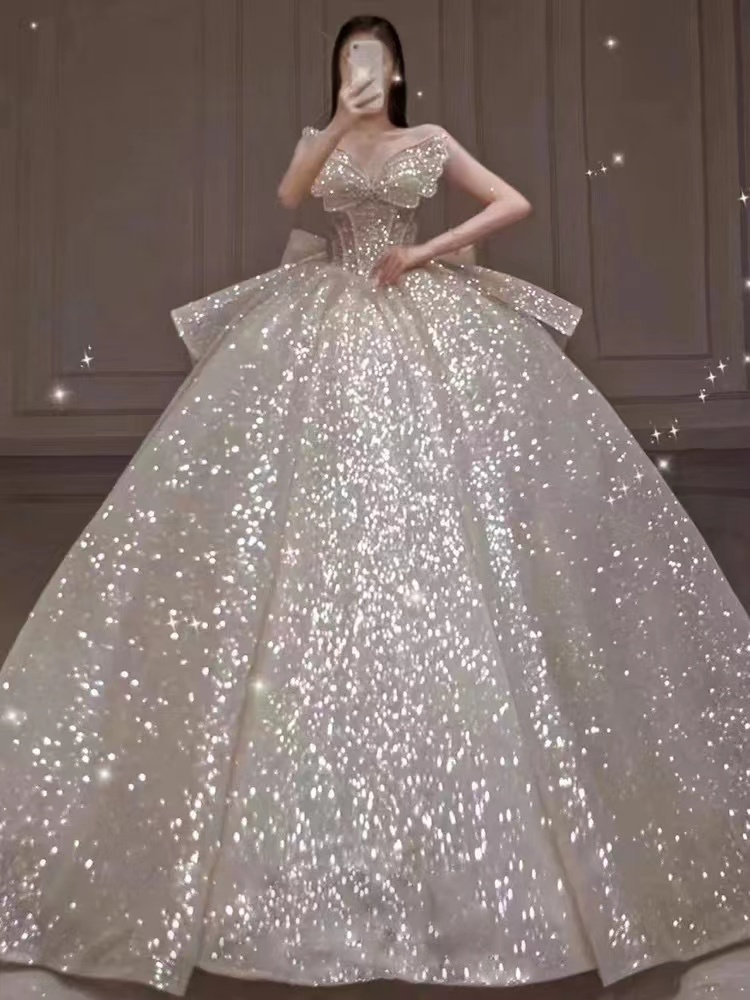 Ivory Butterfly Beads Sparkle Glitter Elegant Dress - Y2K Clothing