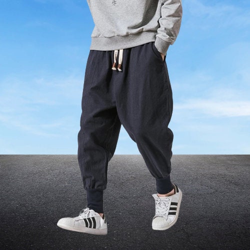 Japanese Streetwear Men's Solid Elastic Waist Harem Pants