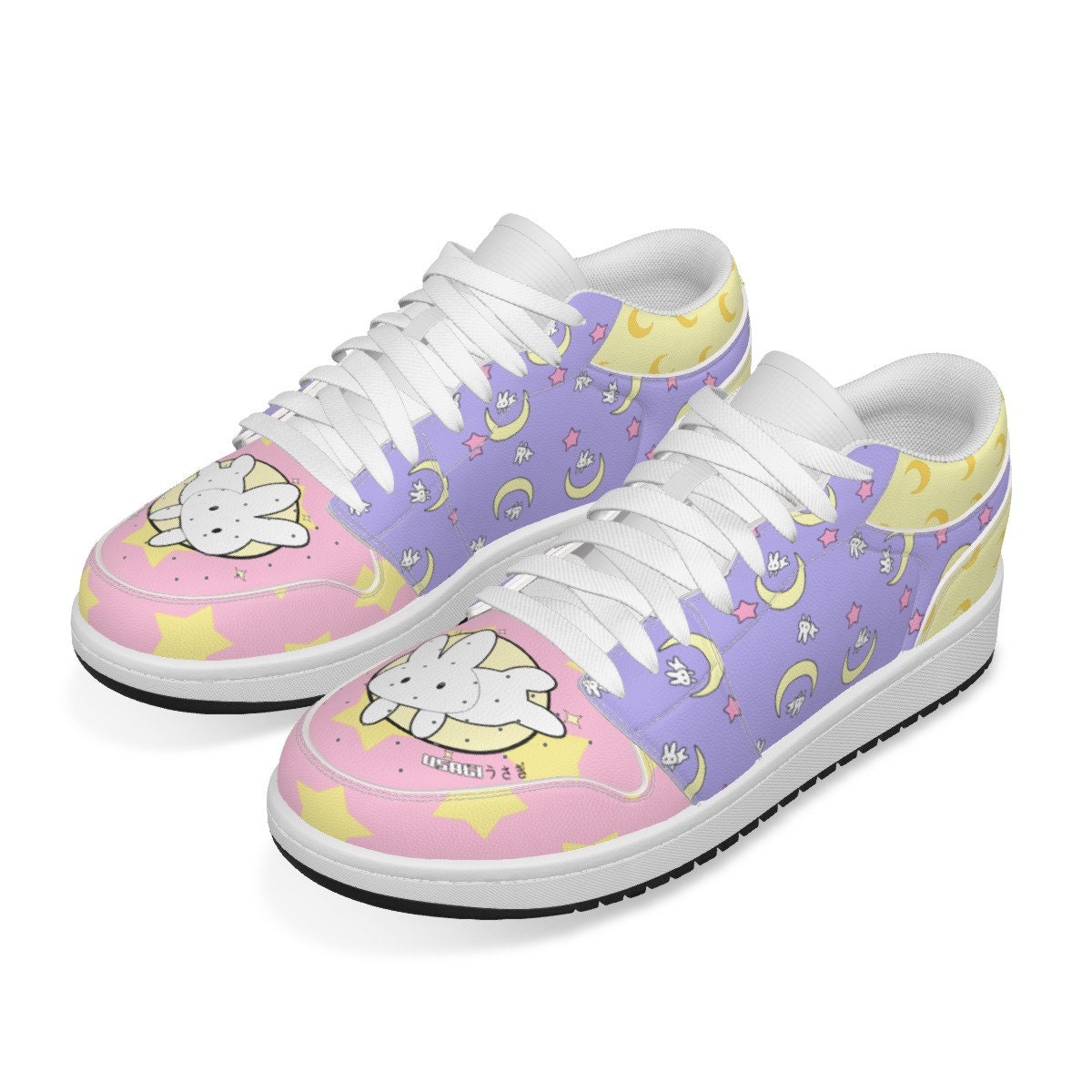 Kawaii Harajuku Usagi Pop Leather Sneakers - Pastel Lilac, Bunny Stars and Moon