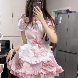 Kawaii Kitten Pink Maid Dress - Y2K Clothing Fashion