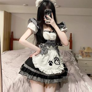 Kawaii Kitten Pink Maid Dress - Y2K Clothing Fashion