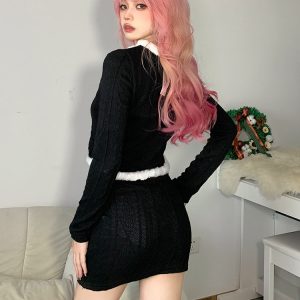 Kawaii Knitted Sexy Dress with Feather Hairball Cardigan