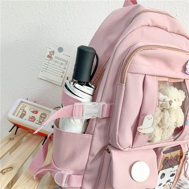 Kawaii Pink Multi-Pocket Backpack for High School Girls