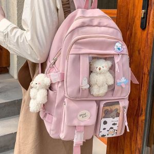 Kawaii Pink Multi-Pocket Backpack for High School Girls